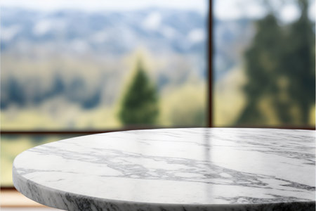 Empty marble table in natural green garden outdoor. Product placement with sunday light. Finest generative AI.の素材