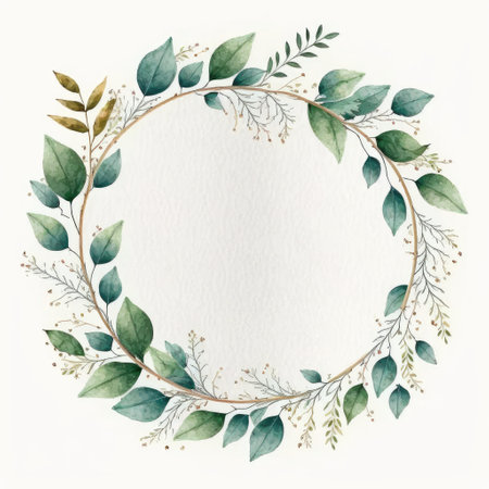 Circle frame of green leaves with watercolor painting with watercolor painting isolated on white background. Theme of vintage minimal art design in geometric. Finest generative AI.の素材