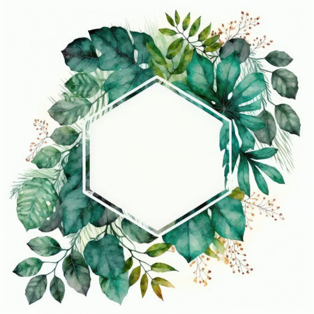 Hexagon frame of green leaves with watercolor painting with watercolor painting isolated on white background. Theme of vintage minimal art design in geometric. Finest generative AI.の素材