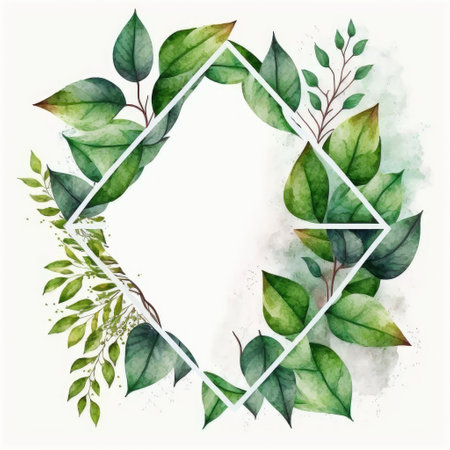 Triangle frame of green leaves with watercolor painting with watercolor painting isolated on white background. Theme of vintage minimal art design in geometric. Finest generative AI.の素材