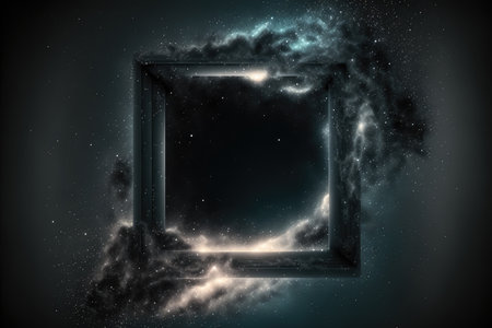 Abstract in glowing neon starlight and particles in square shape. Concept of fantastic sparkle dust with hole frame in nebula space. Finest generative AI.の素材