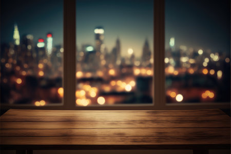 Empty wooden table with large window view through cityscape background. Concept of building office or condominium outside perspective. Finest generative AI.の素材