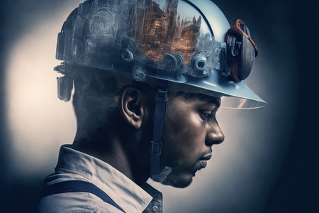 Civil engineer portrait as concept for building construct by professional with hardhat helmet engineer with wondrous double exposure of cityscape, urban with background of skyscraper by generative AIの素材