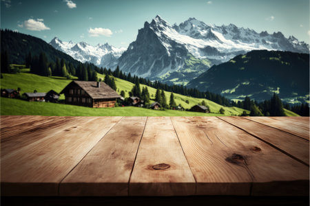 Focus empty wood table with blurred natural tree meadow background. Concept of blank space for advertising product. Finest generative AI.の素材