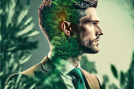 Double exposure portrait of ambitious businessman with wondrous greenery and natural green forest landscape in background as concept of sustainability and natural ecology conservation by Generative AIの素材