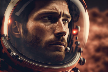 Closeup portrait of futuristic astronaut futuristic on mars background. Created by the top of helmet on red planet in mysteries space concept. Finest generative AI.の素材