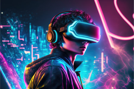 A young man in VR glasses playing video games with virtual reality headset. Concept of gaming in cyberpunk lifestyles. Finest generative AI.の素材