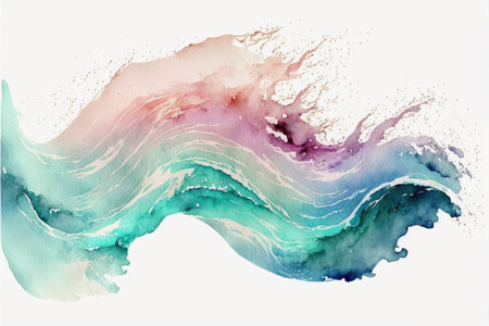 Abstract art in pastel watercolor waves ocean isolated on white background. Concept of multicolored in blue storm in seascape. Finest generative AI.の素材