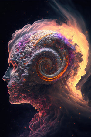 Surreal image of humanoid with floating intrinsic iridescent in nebula. Element of colorful spiral smoke with outer imagination design. Finest generative AI.の素材