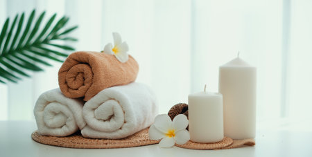 Spa accessory composition set in day spa hotel , beauty wellness center . Spa product are placed in luxury spa resort room , ready for massage therapy from professional service .の写真素材