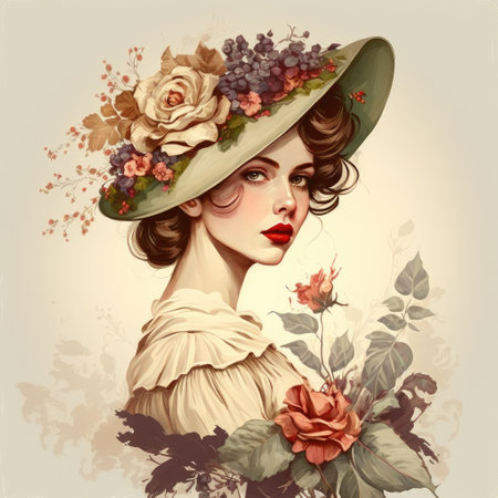 Image of pretty woman wearing hat decorated with flower and petal in victoria, vintage of dressing old fashion design. Finest generative AI.の素材