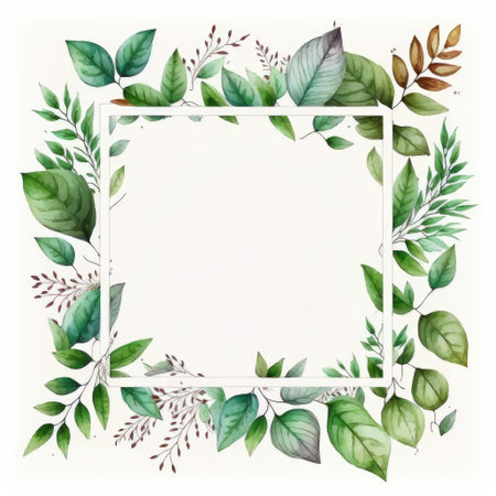 Square frame of green leaves with watercolor painting with watercolor painting isolated on white background. Theme of vintage minimal art design in geometric. Finest generative AI.の素材