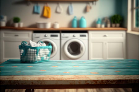 Focus empty wood table in blur laundry and washing machine background. Concept of blank space for advertising product. Finest generative AI.の素材