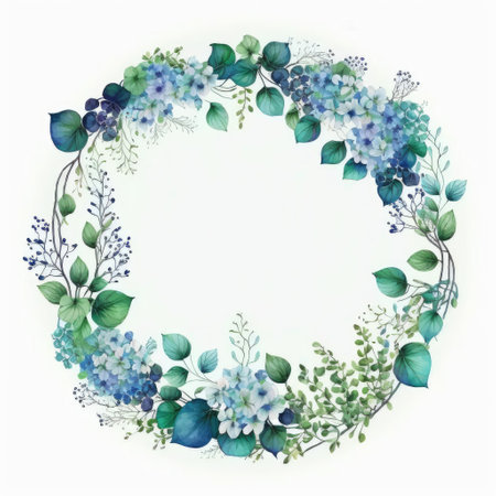 Circle frame of blue flower and green leaves with watercolor painting isolated on white background. Theme of vintage minimal art design in geometric. Finest generative AI.の素材