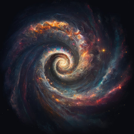 Abstract art in nebula twirl in galaxy. Concept of outer space decorated by starry composition in dynamic movement. Finest generative AI.の素材