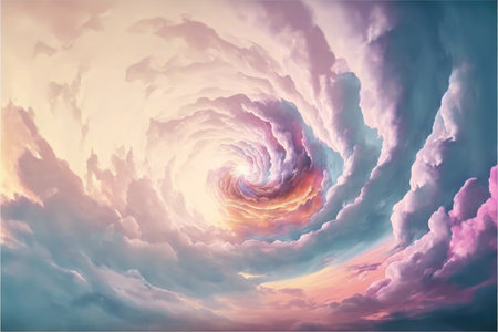 Abstract of sunset mood in the sky with cloudy background. Wallpaper in colorful gradient pastel painting with watercolor shading technique. Finest generative AI.の素材