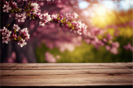 Focus empty wood table in blossom cherry flower with blurred natural tree background. Concept of blank space for advertising product. Finest generative AI.の素材