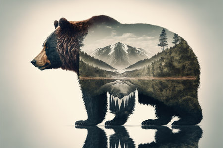 Wondrous brown grizzly bear in outdoor double exposure with natural taiga forest mountain background design as concept of adventure and exploring nature with peaceful environment. Generative AIの素材