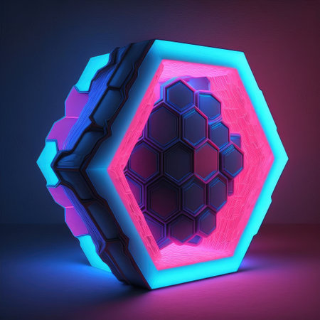 Overlapped Lightning neon magical hexagon effecting on black background. Reflection of glowing digital abstract portal effect on cyberpunk concept. Finest generative AI.の素材