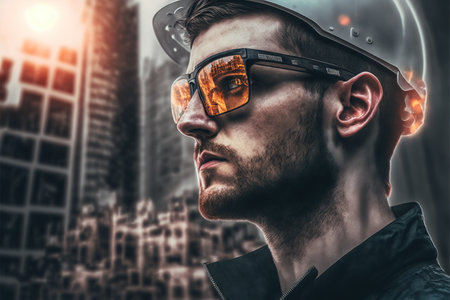 Wondrous portrait of modern stylish lifestyle man wearing sunglasses mirror the reflection of sunset and cityscape and construction site in background by Generative AI.の素材