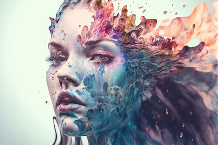 Wondrous illustration portrait woman with colorful iridescent exploding and dissolving in to liquid color and melting from her face in double exposure for psychedelic artwork by Generative AI.の素材