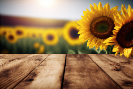 Focus empty wood table with blurred sunflower tree background. Concept of blank space for advertising product. Finest generative AI.の素材