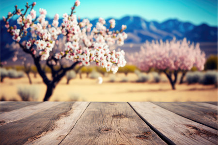 Focus empty wood table in blossom flower with blurred natural tree background. Concept of blank space for advertising product. Finest generative AI.の素材