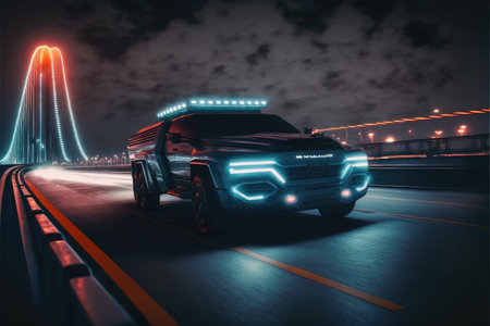 Cyber neon driving green power truck with hybrid technology automotive. Concept of light glowing...