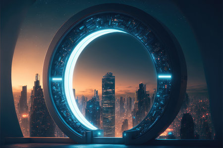 The world revolution of through circle future portal. Background of skyscraper with moon spotlight. Finest generative AI.の素材