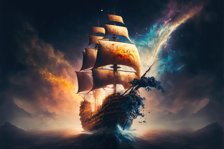 Wondrous illustration work of enchanted sailing ship travel through cosmical space and ocean wave in fantasy starry universe sky background. Artwork of pure imagination and wonder by Generative AI.の素材