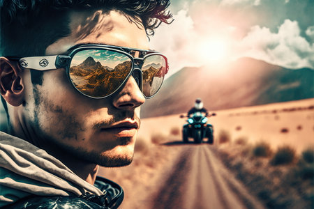 Wondrous portrait of motorcycle rider with sunglasses and reflection of the environment in mountain landscape, Natural adventurous touring on the road trip with motorbike concept by Generative AI.の素材