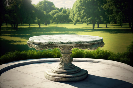 Empty marble table in natural green garden outdoor. Product placement with sunday light. Finest generative AI.の素材