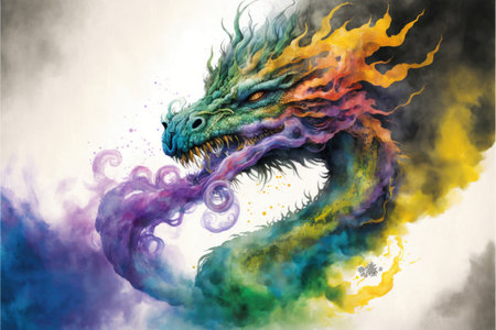 Energetic powerful of dragon multicolor pastel powder with isolated background. Concept of ancient chinese culture in fairly tale. Finest generative AI.の素材