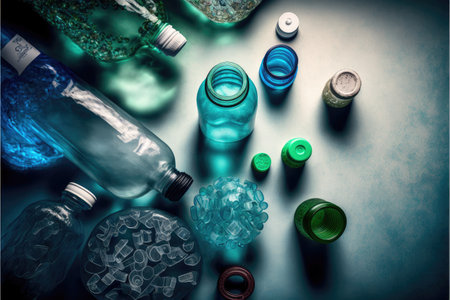 Concept of plastic recycle with blue bottle background. Inspiration of separated used plastic scrap of recyclable reducing global warming pollution. Finest generative AI.の素材