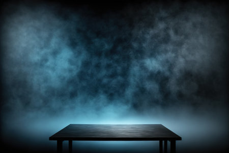 Dark wood table with smoke for hot product display mock up . Admirable Generative AI image .の素材