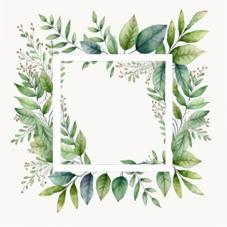 Square frame of green leaves with watercolor painting with watercolor painting isolated on white background. Theme of vintage minimal art design in geometric. Finest generative AI.の素材