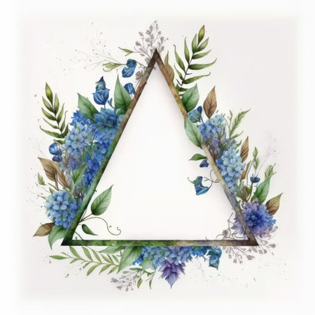 Triangle frame of blue flower and green leaves with watercolor painting isolated on white background. Theme of vintage minimal art design in geometric. Finest generative AI.の素材