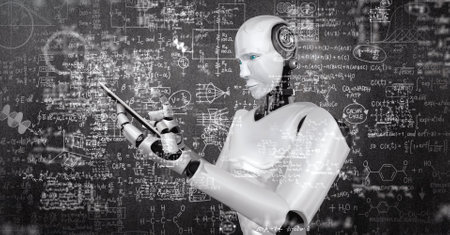 Robot hominoid use mobile phone or tablet for engineering science studying using AI thinking brain , artificial intelligence and machine learning process for 4th industrial revolution . 3D renderingの写真素材