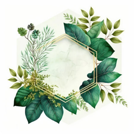 Hexagon frame of green leaves with watercolor painting with watercolor painting isolated on white background. Theme of vintage minimal art design in geometric. Finest generative AI.の素材