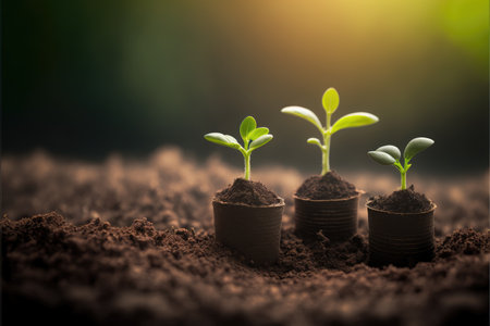 Saving concept by growing plants on coin stack isolated on blur landscape background. Theme of glowing young plant from seed in the forest. Finest generative AI.の素材