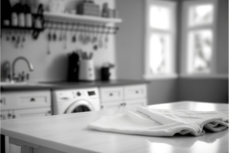 Focus table placing towel in blur laundry and washing machine background. Concept of blank space for advertising product. Finest generative AI.の素材