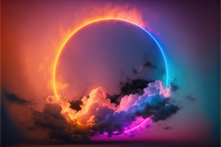 Abstract of glowing clouds circle frame illuminated with neon light on darkness sky view. Concept of futuristic minimal geometric shape in paradise. Finest generative AI.の素材