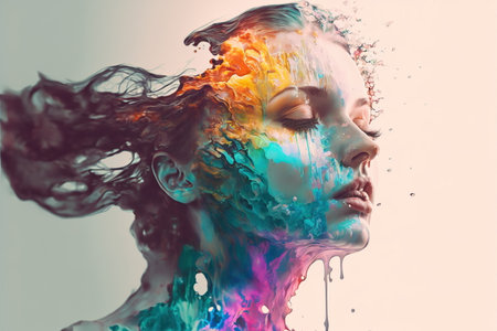 Wondrous illustration portrait woman with colorful iridescent exploding and dissolving in to liquid color and melting from her face in double exposure for psychedelic artwork by Generative AI.の素材