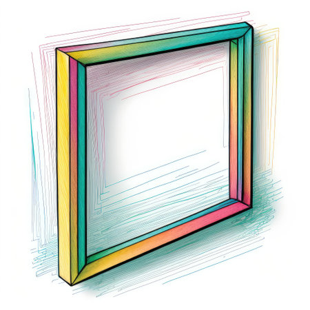 Empty square frame on white background. Concept of overlapped mystery colorful watercolor box. Finest generative AI.の素材