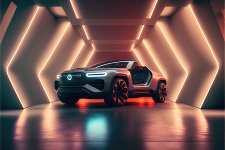 Neon racing sport car demonstrated innovative showroom. Concept of futuristic electrical alternative energy vehicle. Finest generative AI.の素材