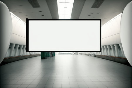 Blank advertising billboard in a large-scale square size in modern hallway. Concept of the media mounting with empty wall background. Finest generative AI.の素材