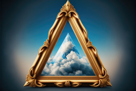 Frame made with covered white cloud in the sky in triangle shape. Concept of luxurious fantasy window. Finest generative AI.の素材
