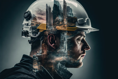 Civil engineer portrait as concept for building construct by professional with hardhat helmet engineer with wondrous double exposure of cityscape, urban with background of skyscraper by generative AIの素材