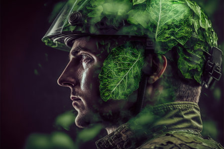 Wondrous double exposure of greenery and green leaves from tree covered agronomist wearing hardhat cover concept of sustainability energy and environmental engineering technology by Generative AI.の素材