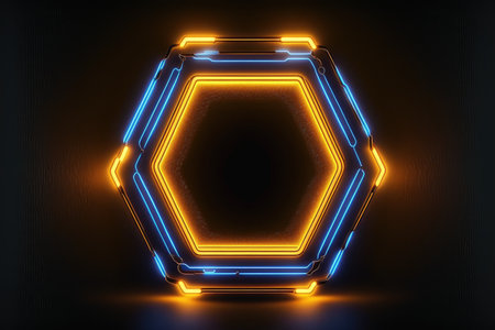 Abstract of neon hexagon shape isolated on space background in reflective colorful spotlight. Theme of lighting frame digital art design innovation. Finest generative AI.の素材